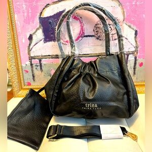 Trina Turk Gathered Tote w/ Detachable Crossbody Strap & pouch NWT